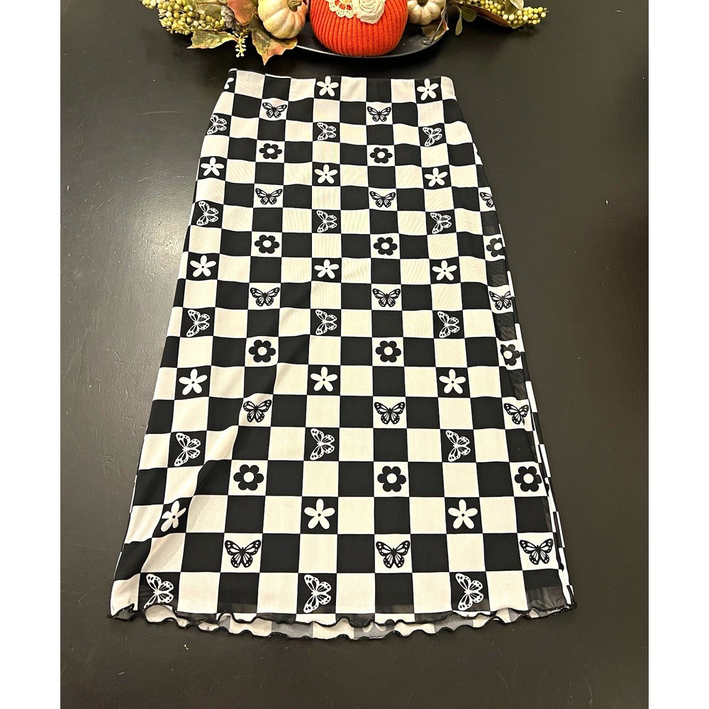Forever 21 Y2K Black White Checkered Butterfly Mesh Lettuce Trim Midi Skirt Sz M